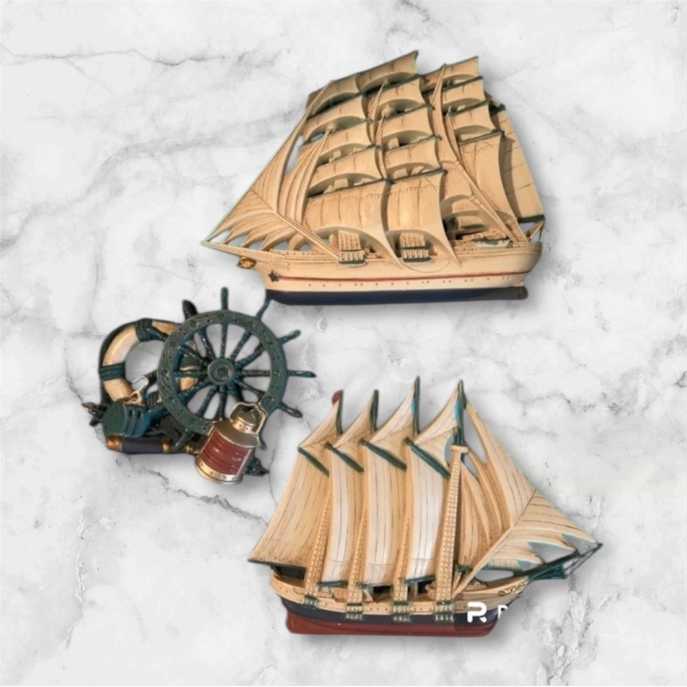 Vintage Nautical Wall Decor Tall Ship Plaques Mid Century Burwood MCM